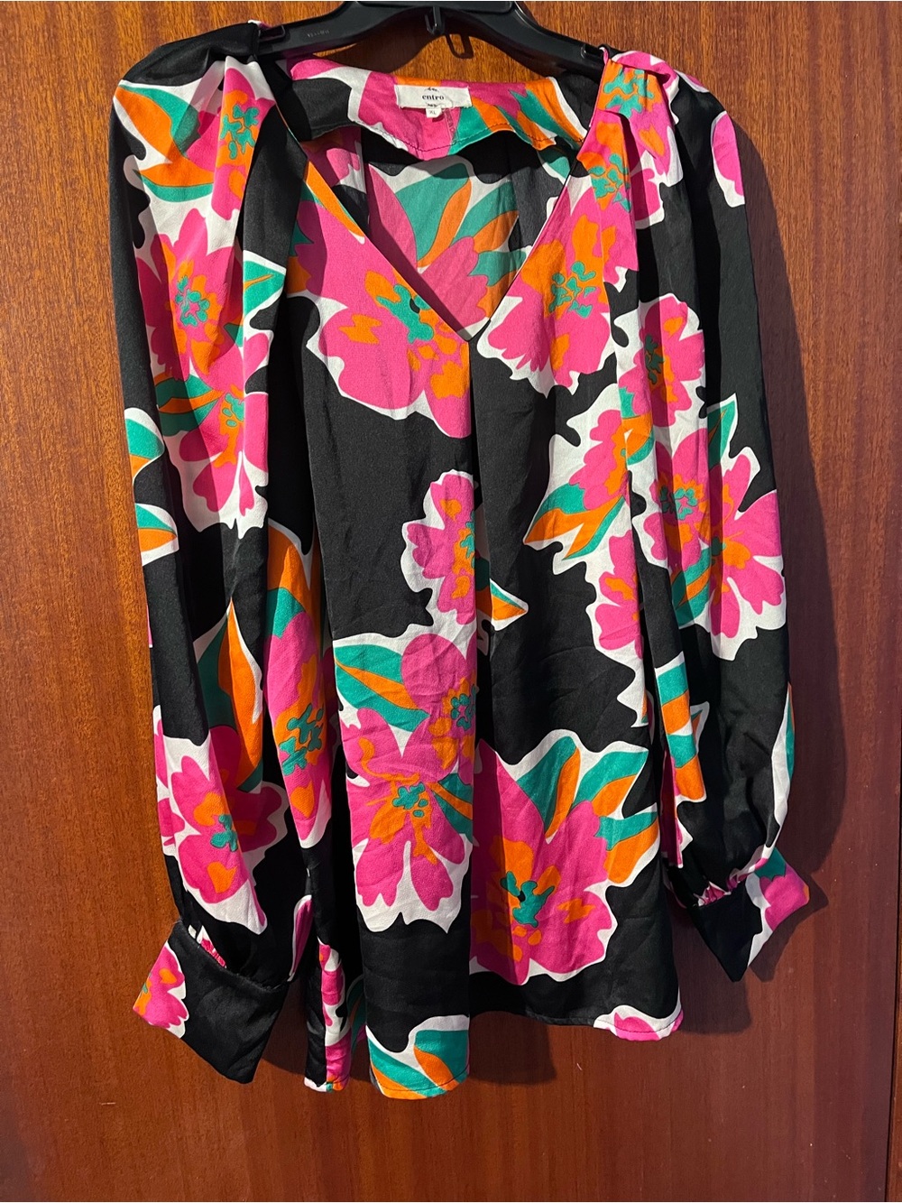 entro Black Floral V-Neck Blouse with Pink & Orange Accents